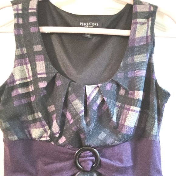 Perceptions Purple Plaid Fit and Flare Midi Dress V-neck Sleeveless - Picture 3 of 4